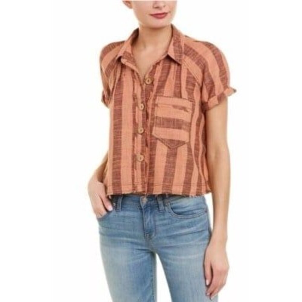 Free People We The Free Away At Sea Frayed Hem Button Down Striped Top M